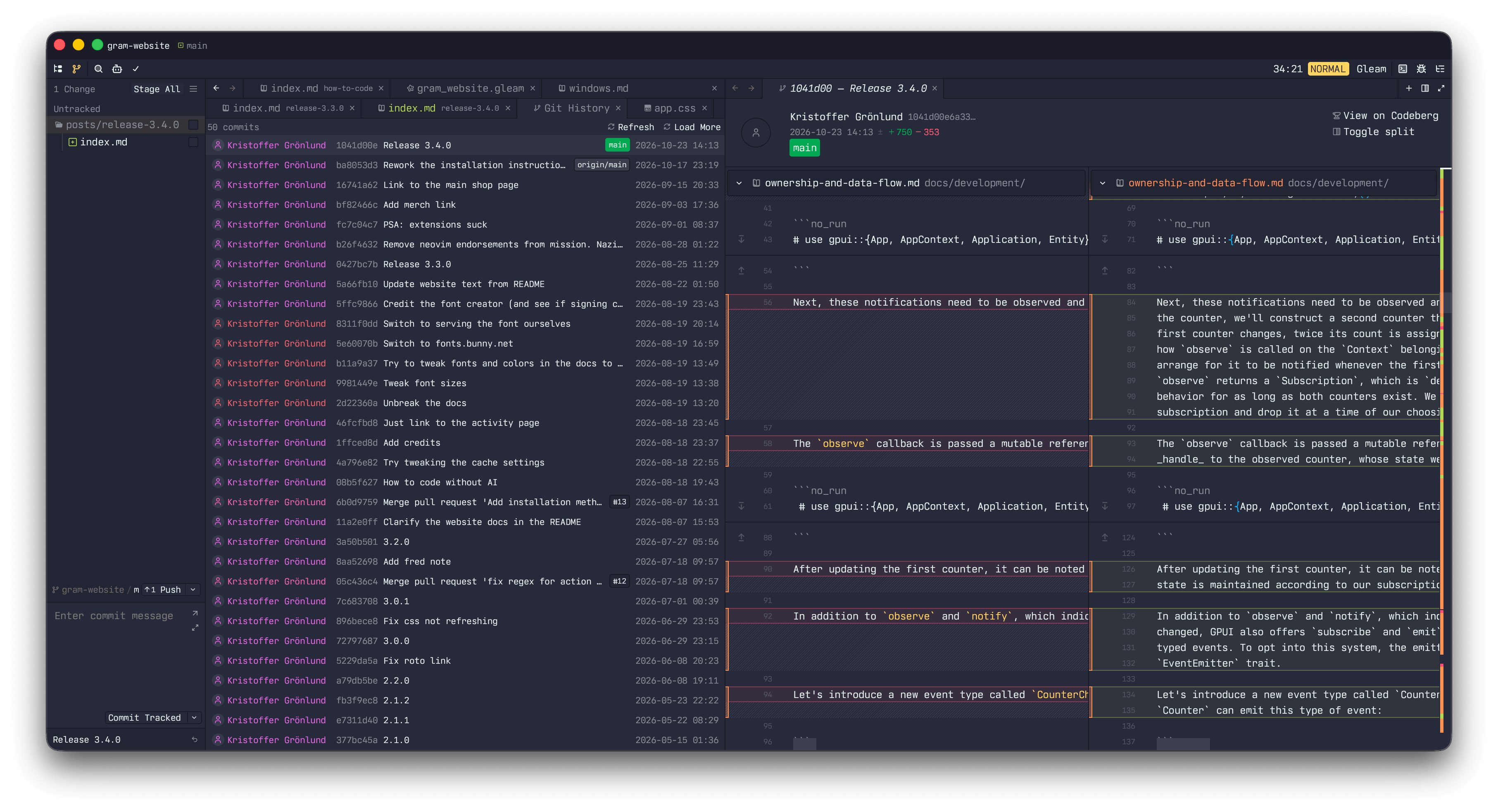 Screenshot of Gram, displaying a git history view and a side-by-side diff